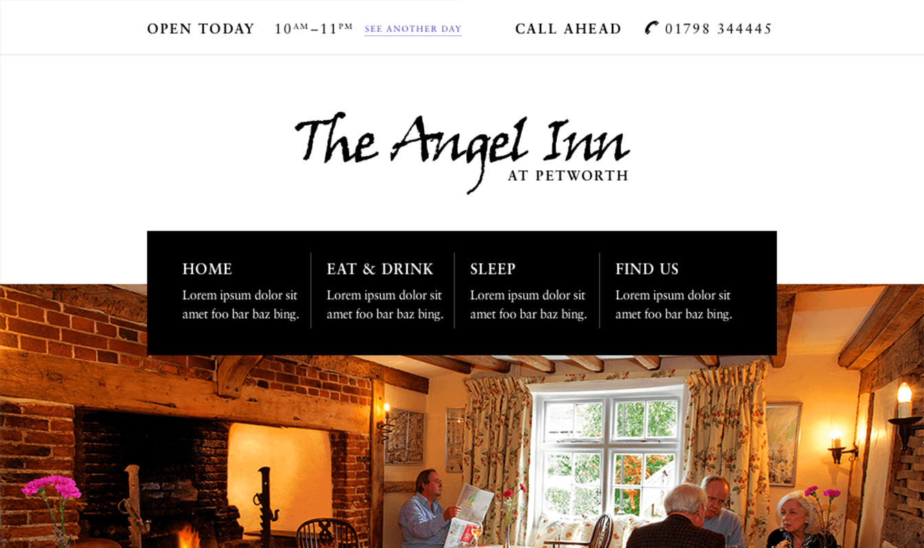 The website homepage for pub, The Angel Inn