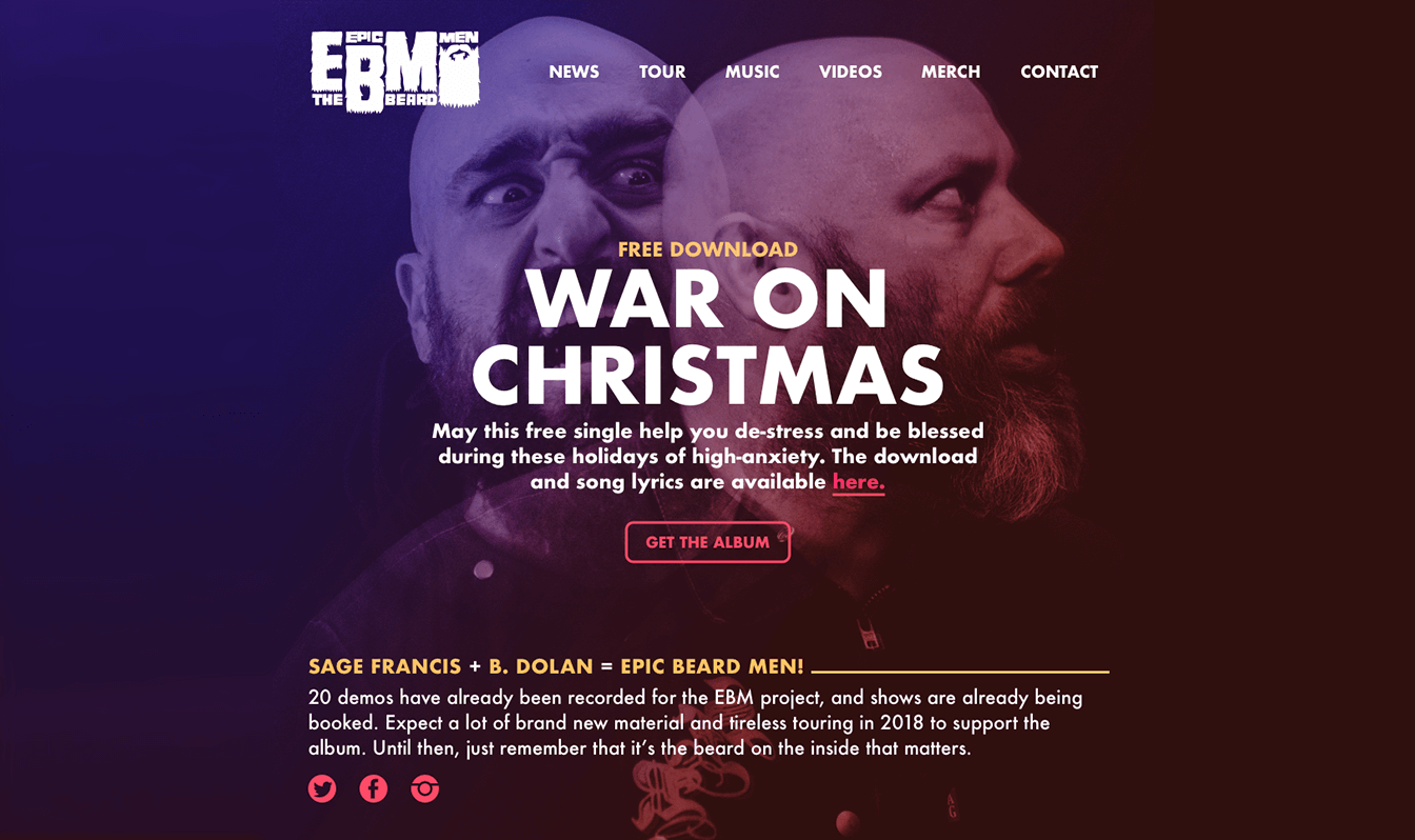 Our homepage design for the Epic Beard Men website featuring a large image of the band and an album download call to action