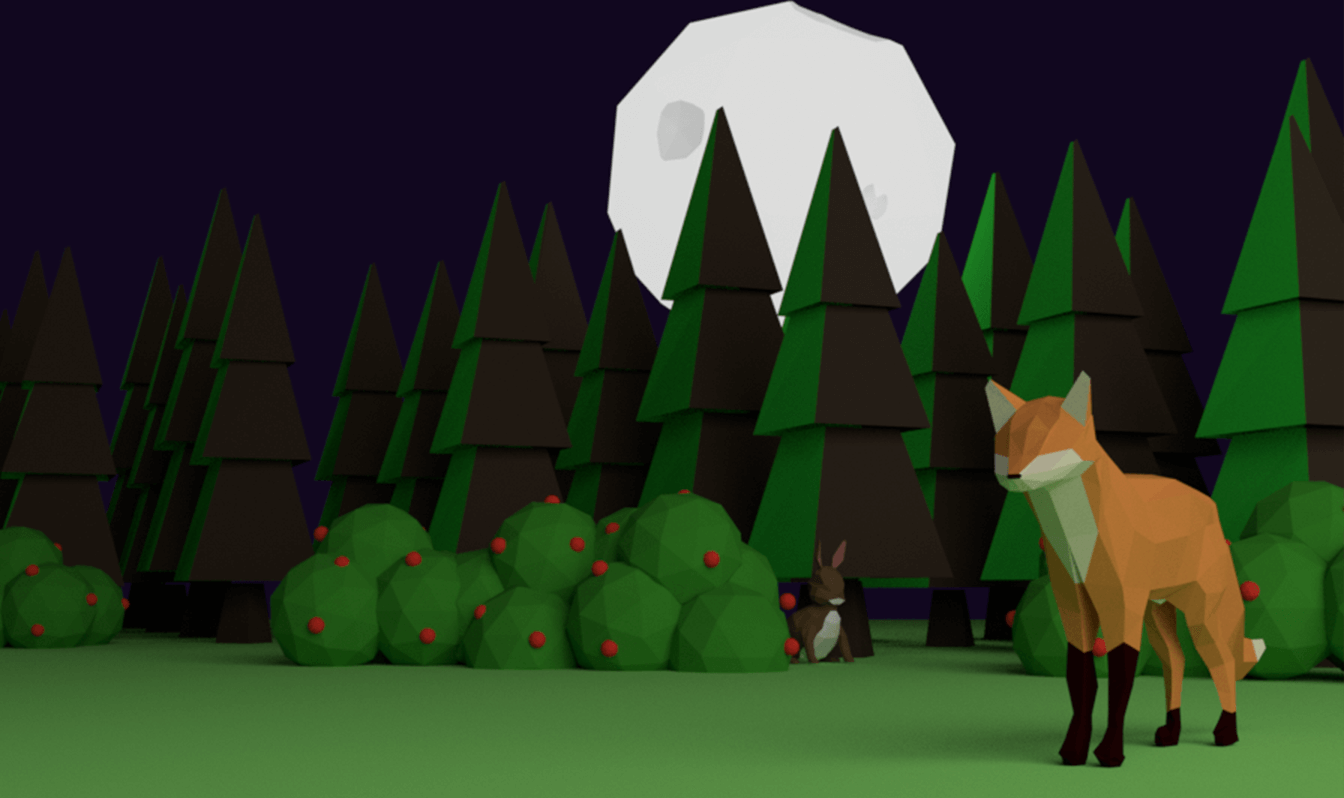 A 3D rendering of a fox and a rabbit in the woods