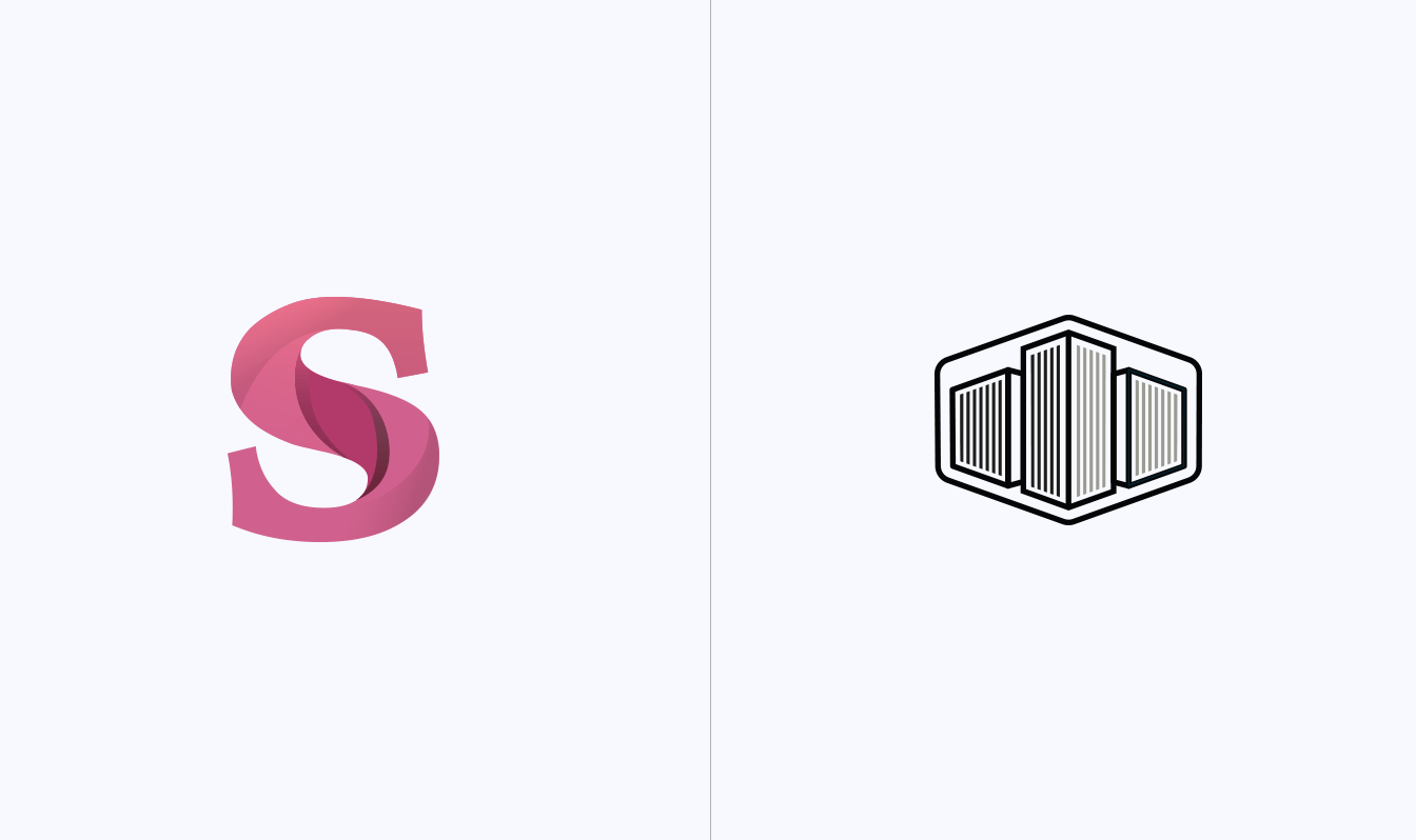Two logo concepts for Stae - one a stylised S, the other a badge with minimalist buildings
